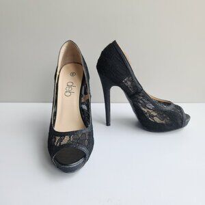 deb Size 6 Black Partial See-Through Lace Simple Pumps Stiletto Heel Peep Toe